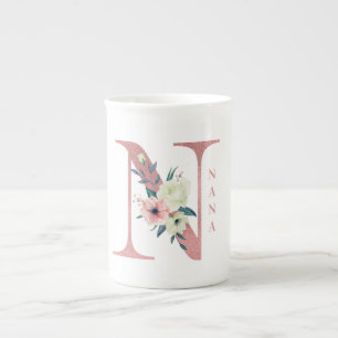 Caneca De Porcelana Nana Flower - Letra N Gliter Rosa