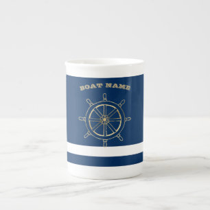 Caneca De Porcelana Náutico, Roda de Leme de Ouro, Listras Azul-Marinh