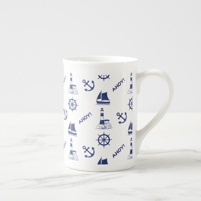 Caneca De Porcelana Navegação - Marinho Ilustrativo de Padrão Azul+Bra (Direita)