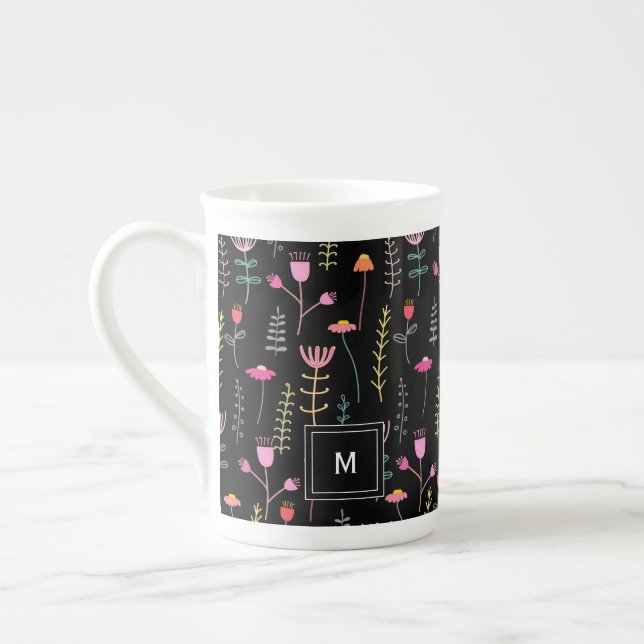 Caneca De Porcelana Néon Flores selvagens a preto, monograma (Esquerda)