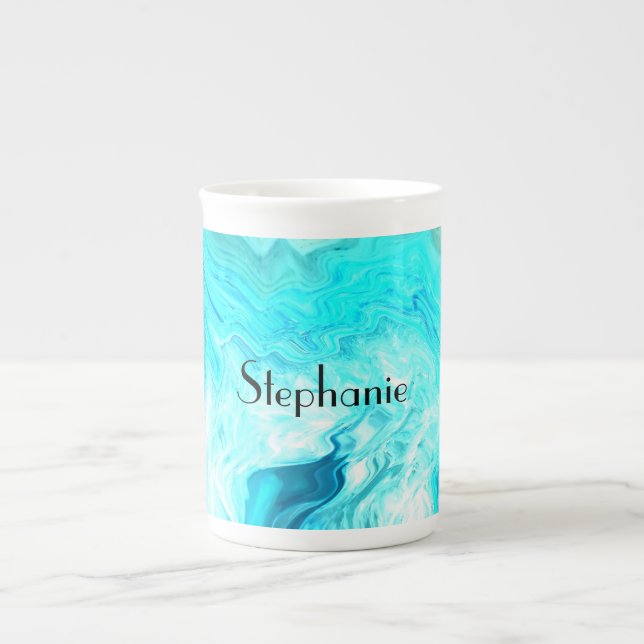 Caneca De Porcelana Nome Personalizado Agate Gemstone Geode Art Blue C (Frente)