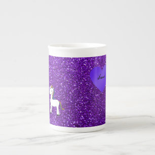 Caneca De Porcelana Nome personalizado fofo unicórnio roxo glitter cor