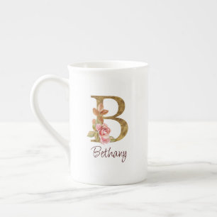 Caneca De Porcelana Nome Personalizado Folha de Ouro Blush Rosas Cor-d