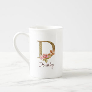 Caneca De Porcelana Nome Personalizado Folha Dourada Blush Rosas Cor-d