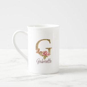 Caneca De Porcelana Nome Personalizado Letra G Folha Dourada Rosas Ros