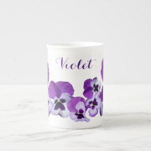 Caneca De Porcelana Nome violeta personalizável floral pansy pansy