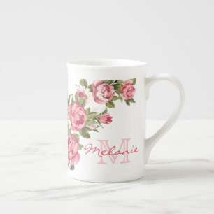 Caneca De Porcelana O vintage cora peônias cor-de-rosa nome dos rosas