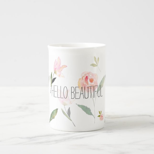 Caneca De Porcelana Olá! aguarela bonita floral (Frente)