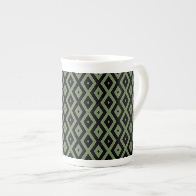 Caneca De Porcelana Olive green and black diamond pattern (Frente Esquerda)