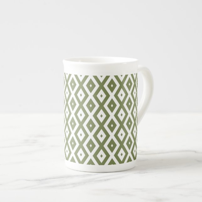 Caneca De Porcelana Olive green and white diamond pattern (Frente Esquerda)