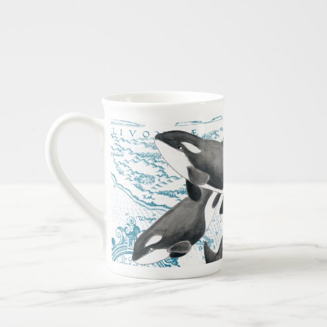 Caneca De Porcelana Orca whales família antiga azul (Esquerda)