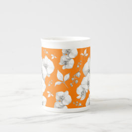 Caneca De Porcelana Orquídea Branca de Aquarela em Laranja |