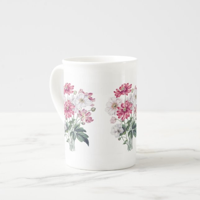 Caneca De Porcelana Osso Botânico de Foguete Branco e Rosa China Mug (Frente Esquerda)