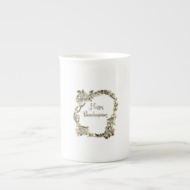 Caneca De Porcelana Ouro Elegante Turquia Feliz Texto de Ação de Graça (Frente)