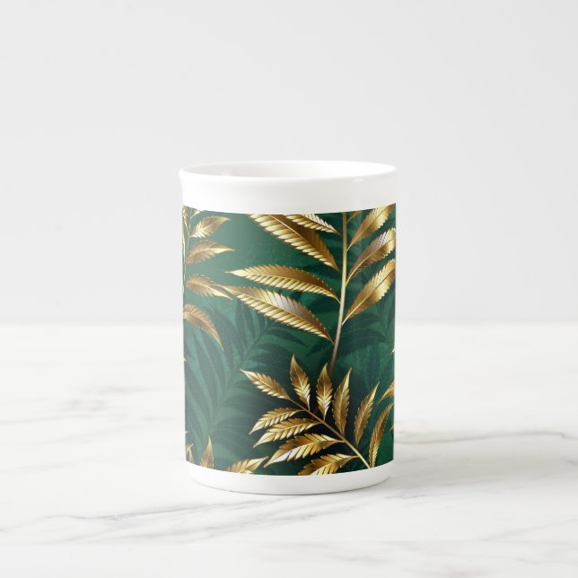 Caneca De Porcelana Padrão contínuo com samambaias douradas (Frente)