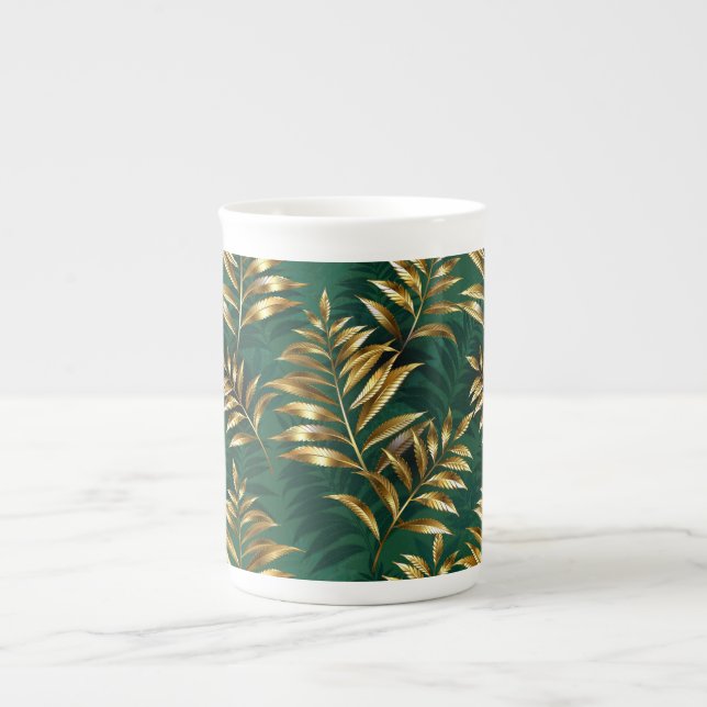Caneca De Porcelana Padrão contínuo com samambaias douradas (Frente)