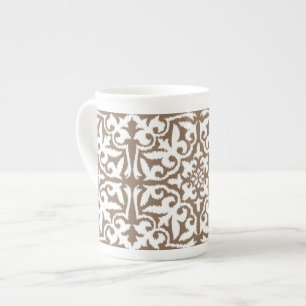 Caneca De Porcelana Padrão damasco Ikat - Bege Taupe e Branco