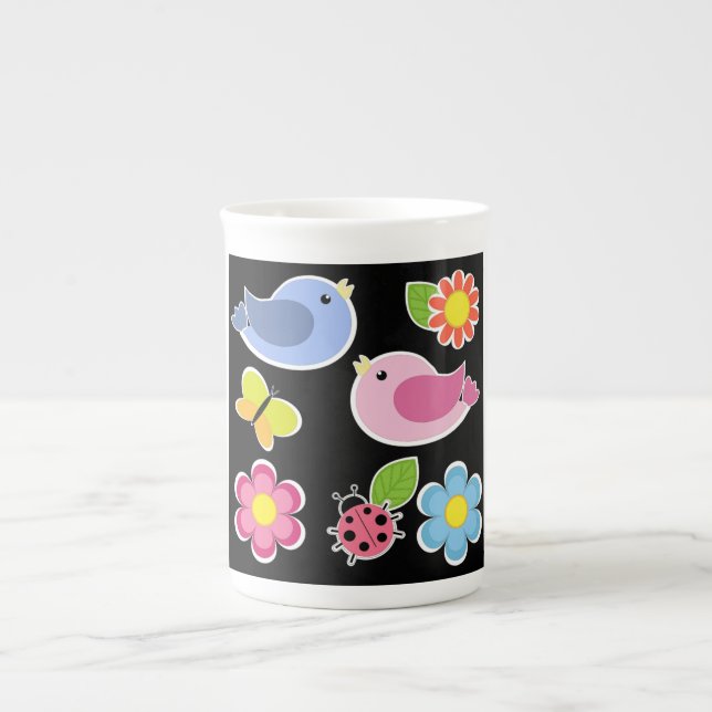 CANECA DE PORCELANA PADRÃO DE AVES E FLORES (Frente)