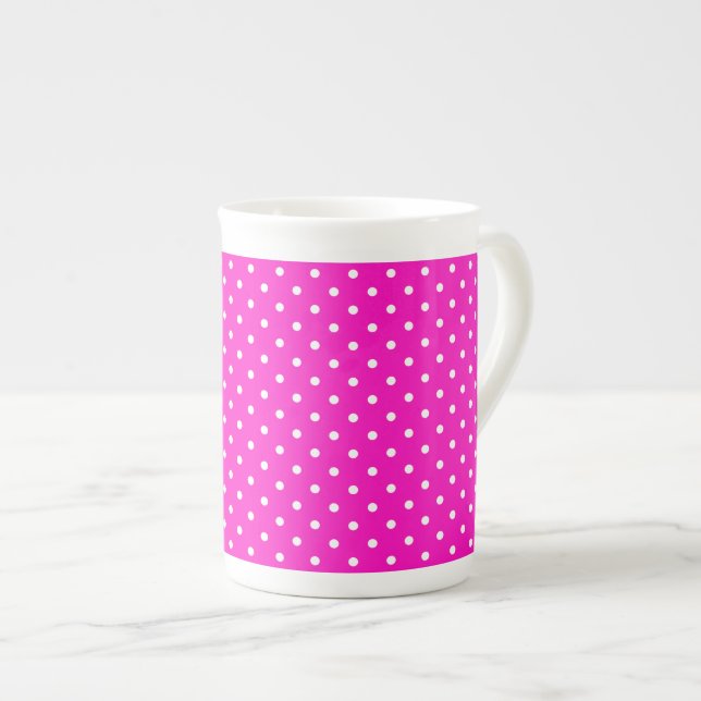 Caneca De Porcelana Padrão de Bolinhas branco e rosa chocante (Frente Esquerda)