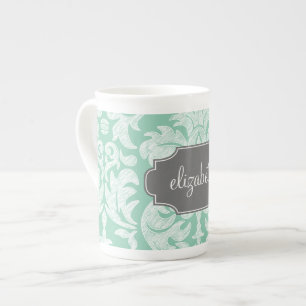 Caneca De Porcelana Padrão de Damasco Verde-Menta e Cinza com Nome Per