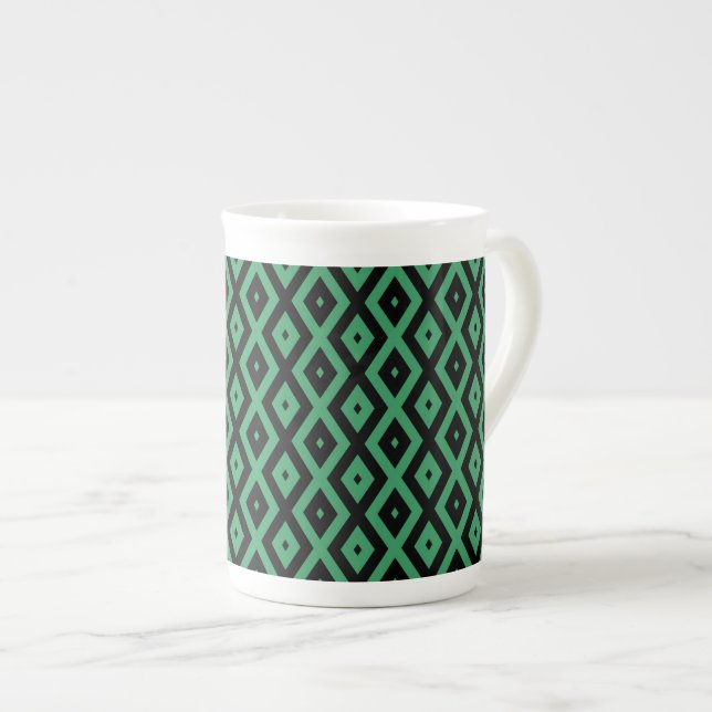 Caneca De Porcelana Padrão de diamante verde e preto (Frente Esquerda)