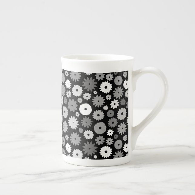 Caneca De Porcelana Padrão de Flores Monocromáticas (Direita)