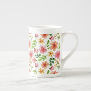 Caneca De Porcelana Padrão de Flores Rosa em Aquarela-69677