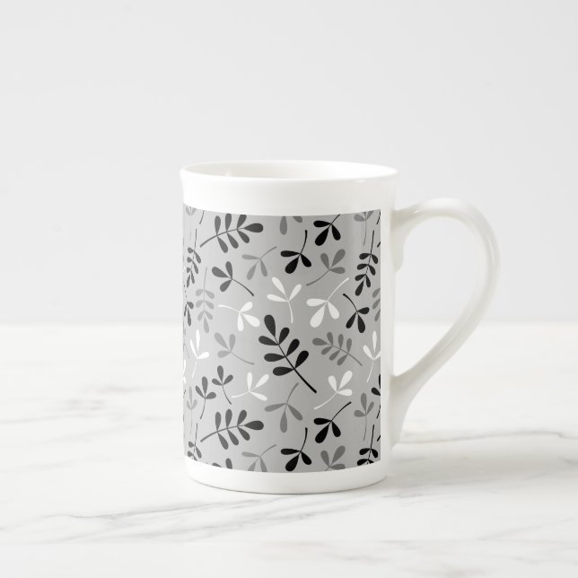Caneca De Porcelana Padrão de Folhas Associadas Monocromo (Direita)
