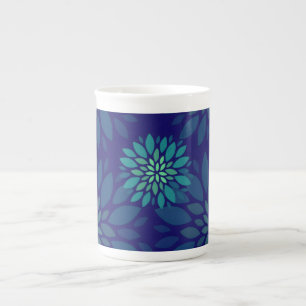 Caneca De Porcelana Padrão de Folhas Florais Azul Naval e Verde Modern