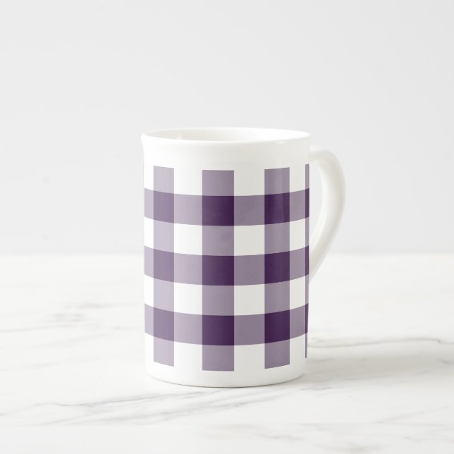 Caneca De Porcelana Padrão de Gingham Púrpura e Branca (Frente Esquerda)