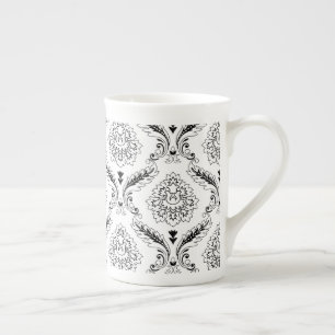 Caneca De Porcelana Padrão de Linha Damask Rococó Preto no Branco