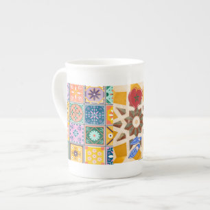 Caneca De Porcelana Padrão de Mosaico Azul e Amarelo