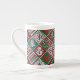 Caneca De Porcelana Padrão de Natal do Knit Branco Verde Vermelho