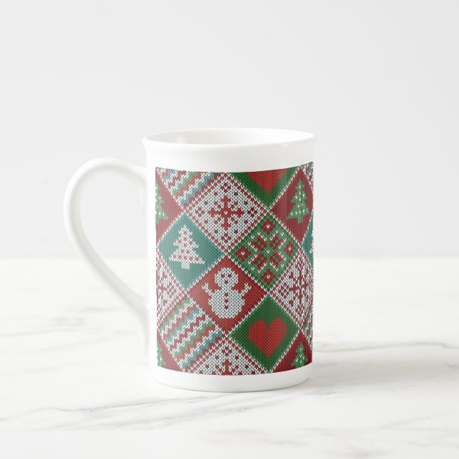 Caneca De Porcelana Padrão de Natal do Knit Branco Verde Vermelho (Esquerda)