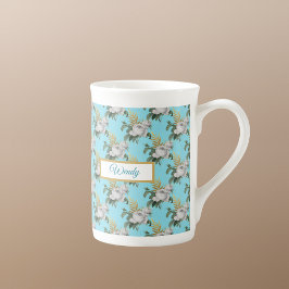 Caneca De Porcelana Padrão de Rosas Brancas Vintage em Aqua Monograma