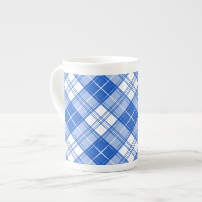 Caneca De Porcelana Padrão de Tartan Branco Azul Escuro yxm0uat9 na di (Frente Esquerda)