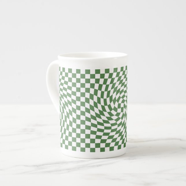 Caneca De Porcelana Padrão de Verificação Verde Azul e Branco (Frente Esquerda)