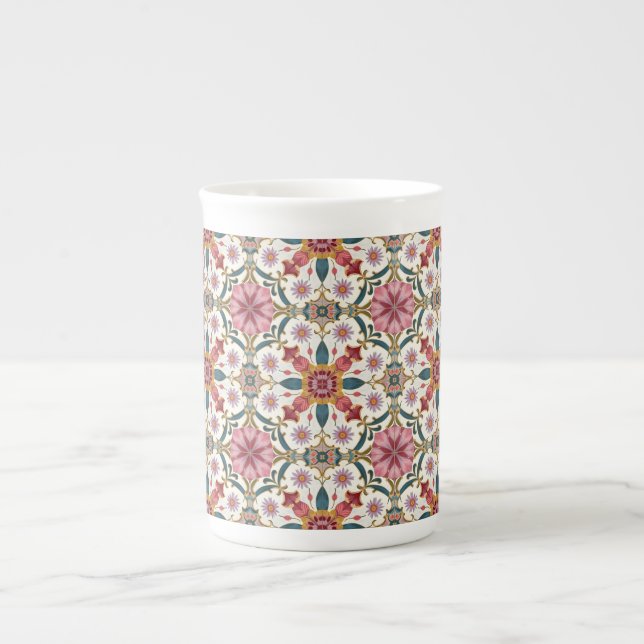 Caneca De Porcelana Padrão Floral Boho em Vermelho, Rosa e Turquesa (Frente)