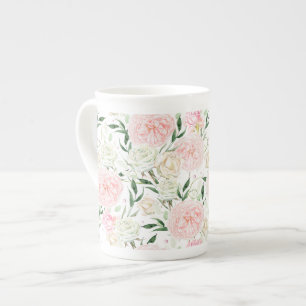 Caneca De Porcelana Padrão Floral de Aquarela com Peônia de Rosa Suave