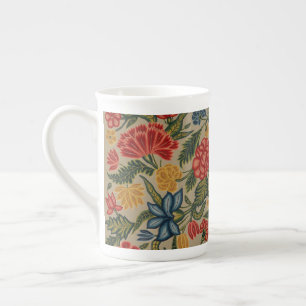 Caneca De Porcelana Padrão Floral de Crewel Vermelho e Dourado Vintage