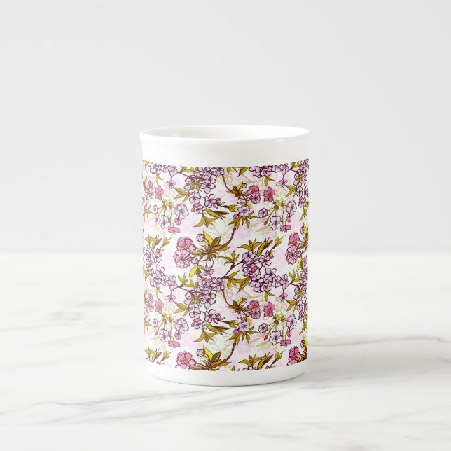 Caneca De Porcelana Padrão florescente de cerejeira (Frente)