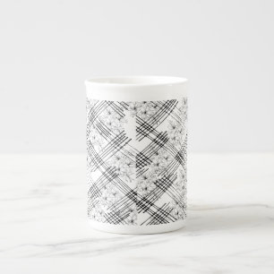 Caneca De Porcelana Padrão Geométrico Floral Preto e Branco Moderno