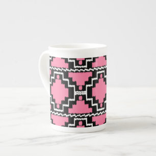 Caneca De Porcelana Padrão Ikat Aztec - Rosa Fuchsia, Preto e Branco