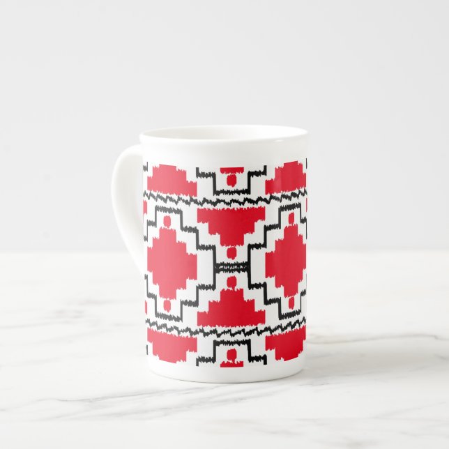 Caneca De Porcelana Padrão Ikat Aztec - Vermelho, Preto e Branco (Frente Esquerda)