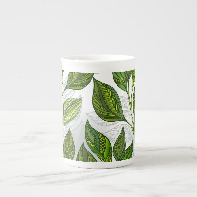 Caneca De Porcelana Padrão sem costura com folhas verdes de chá (Frente)