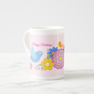 Caneca De Porcelana Parabéns, Flores Selvagens, Padrões de Pássaros do