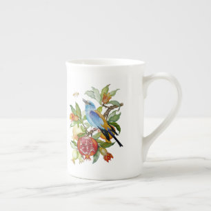 Caneca De Porcelana Pássaro Azul Entre Romãs Aquarela Botânica
