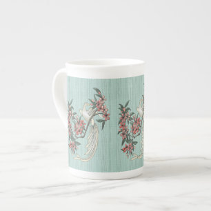 Caneca De Porcelana Pássaro Branco - Cereja Blossomo Aqua