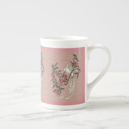 Caneca De Porcelana Pássaro Branco - Flores de Cereja - Osso do Pêsseg