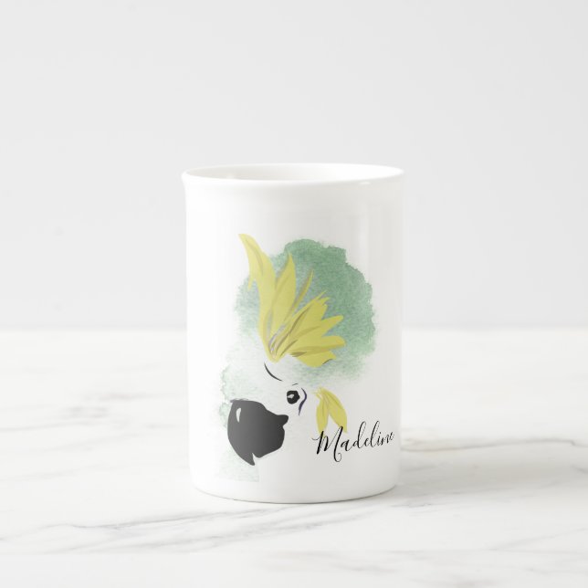Caneca De Porcelana Pássaro da Cockatoa Amarelo e Verde Aquarela Pesso (Frente)